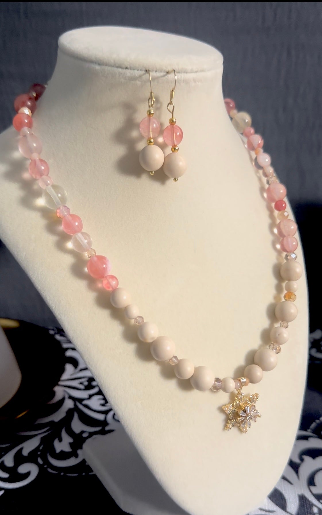 Natural Healing Stones Ivory Jade and Pink Quartz Crystal Necklace With Matching Earrings to Attract Love, Harmony, Balance and Positive Energy
