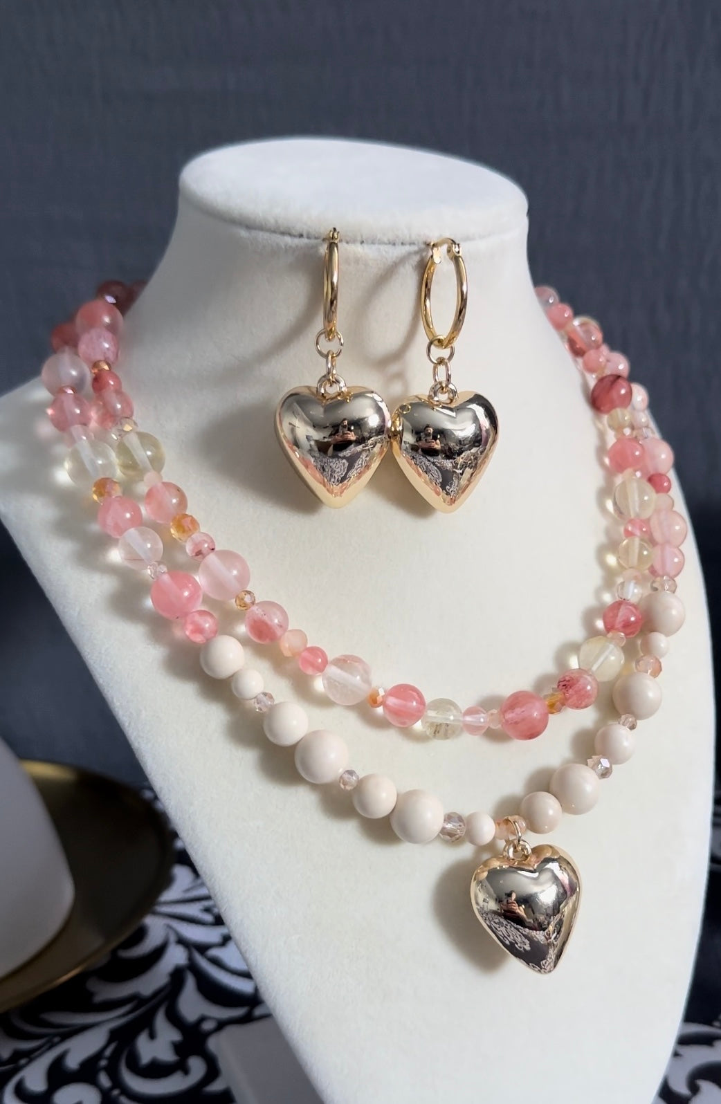 Natural Healing Crystals Ivory Jade and Pink Quartz Crystal Necklace With Matching Earrings to Attract Love, Harmony, Balance and Positive Energy