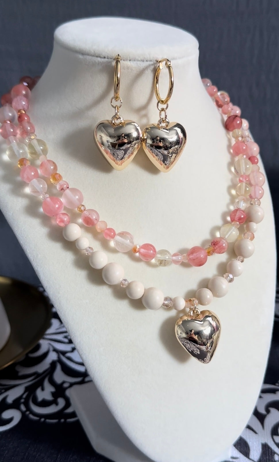 Natural Healing Crystals Ivory Jade and Pink Quartz Crystal Necklace With Matching Earrings to Attract Love, Harmony, Balance and Positive Energy