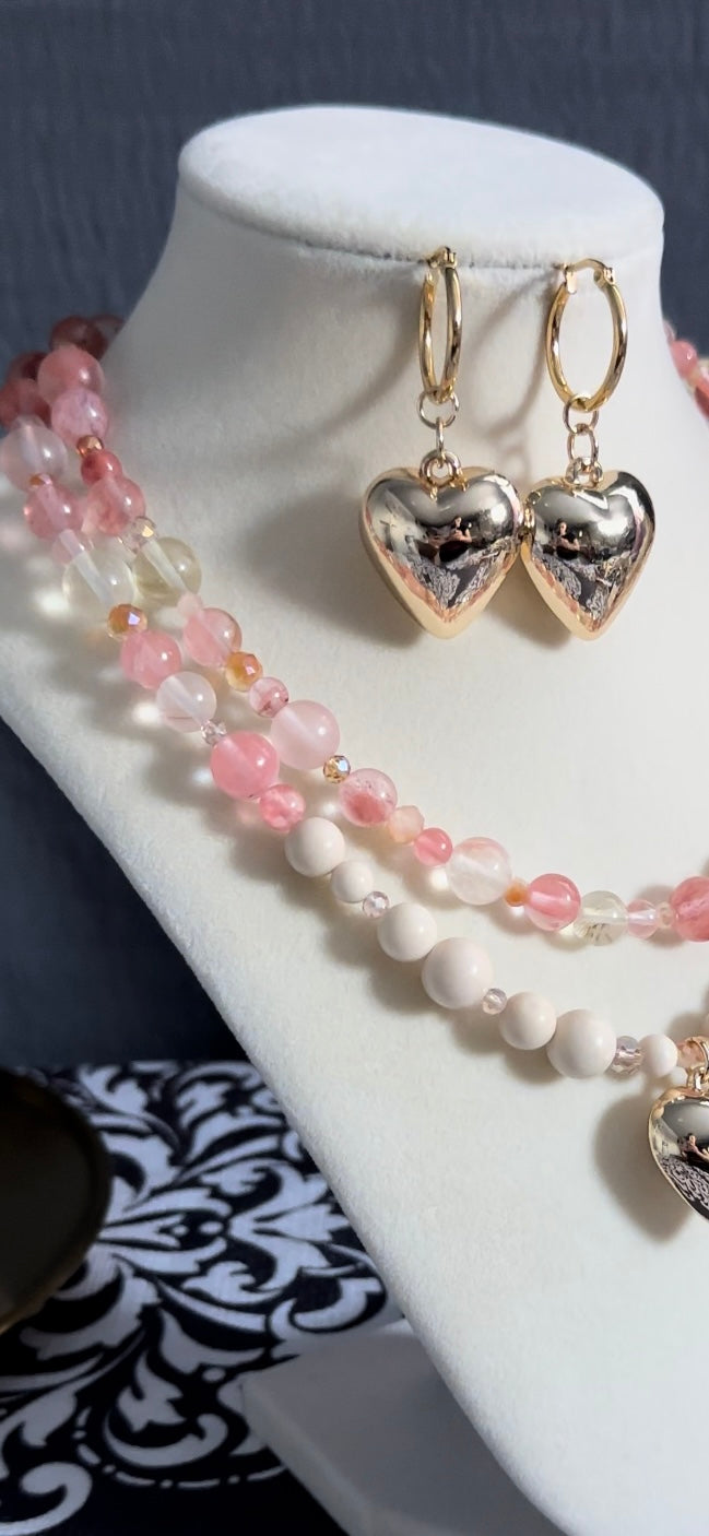 Natural Healing Crystals Ivory Jade and Pink Quartz Crystal Necklace With Matching Earrings to Attract Love, Harmony, Balance and Positive Energy
