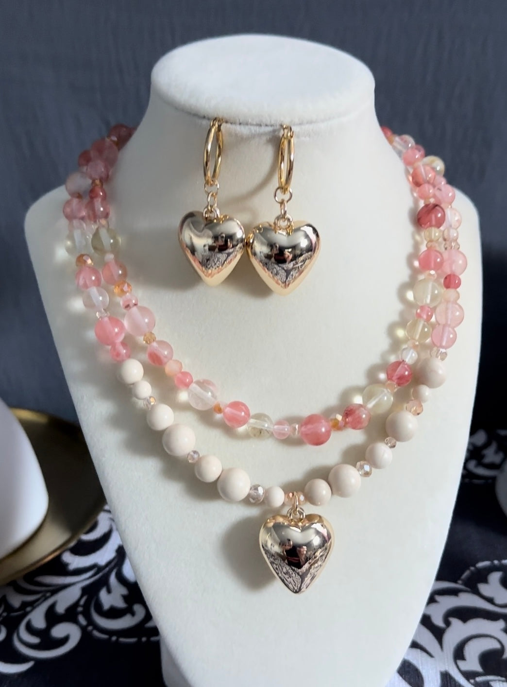 Natural Healing Crystals Ivory Jade and Pink Quartz Crystal Necklace With Matching Earrings to Attract Love, Harmony, Balance and Positive Energy