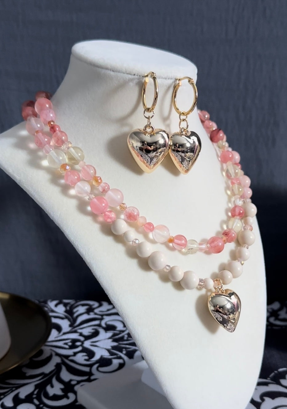 Natural Healing Crystals Ivory Jade and Pink Quartz Crystal Necklace With Matching Earrings to Attract Love, Harmony, Balance and Positive Energy
