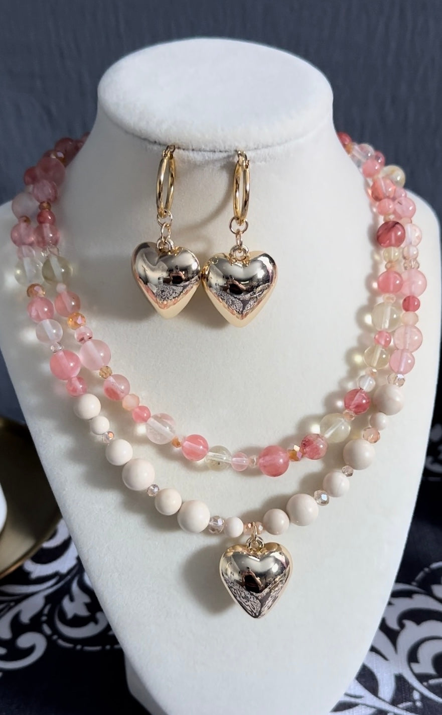 Natural Healing Crystals Ivory Jade and Pink Quartz Crystal Necklace With Matching Earrings to Attract Love, Harmony, Balance and Positive Energy