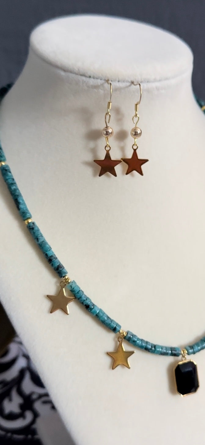 Natural Healing Crystal Statement Necklace with Black Onyx Pendant and Matching Earrings and Gold Plated Charms