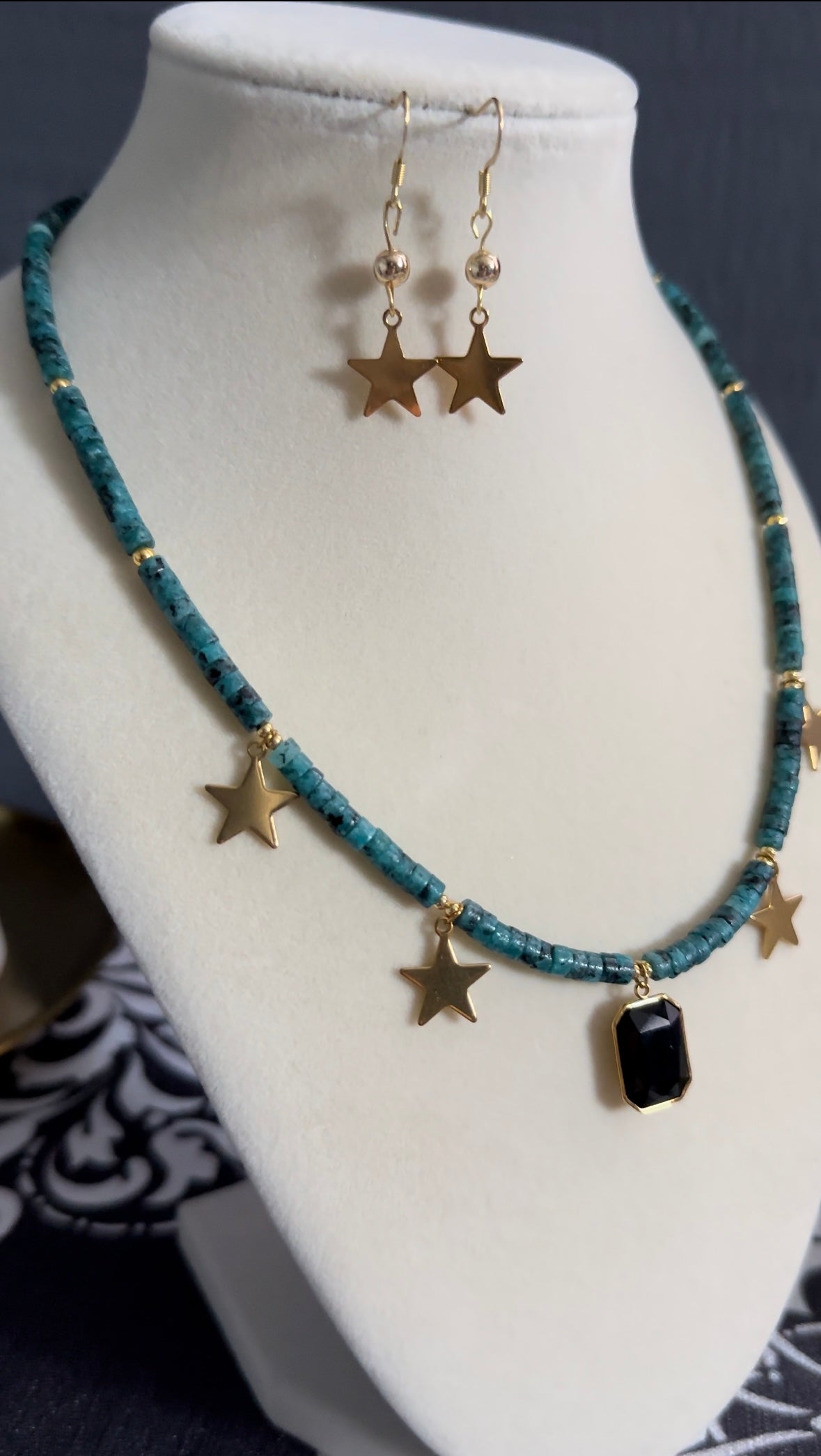 Natural Healing Crystal Statement Necklace with Black Onyx Pendant and Matching Earrings and Gold Plated Charms
