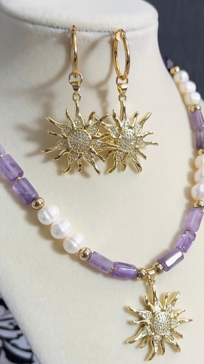 Natural Healing Stone Amethyst and Freshwater Pearl Necklace with Star Pendant, OOAK Gift, Special Design