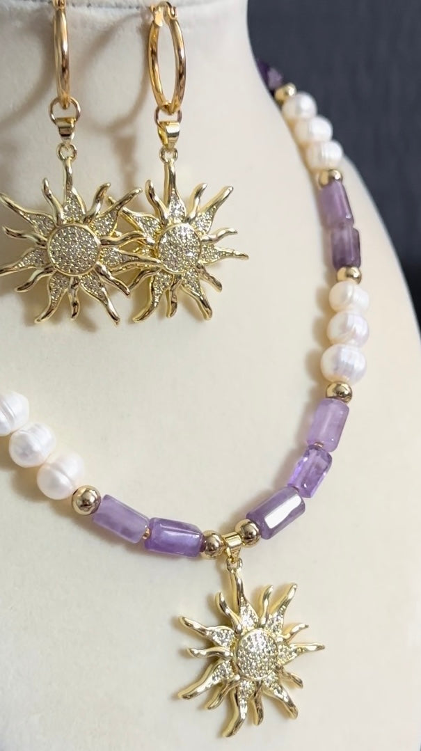 Natural Healing Stone Amethyst and Freshwater Pearl Necklace with Star Pendant, OOAK Gift, Special Design