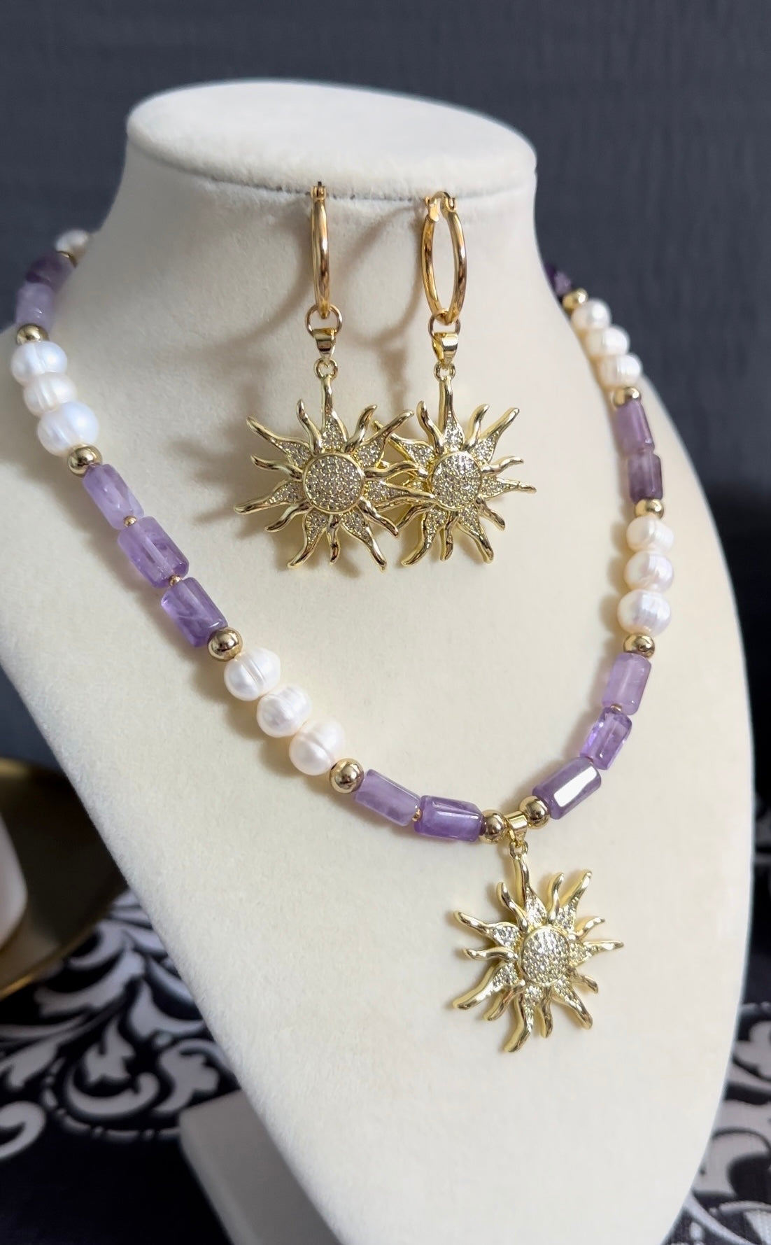 Natural Healing Stone Amethyst and Freshwater Pearl Necklace with Star Pendant, OOAK Gift, Special Design