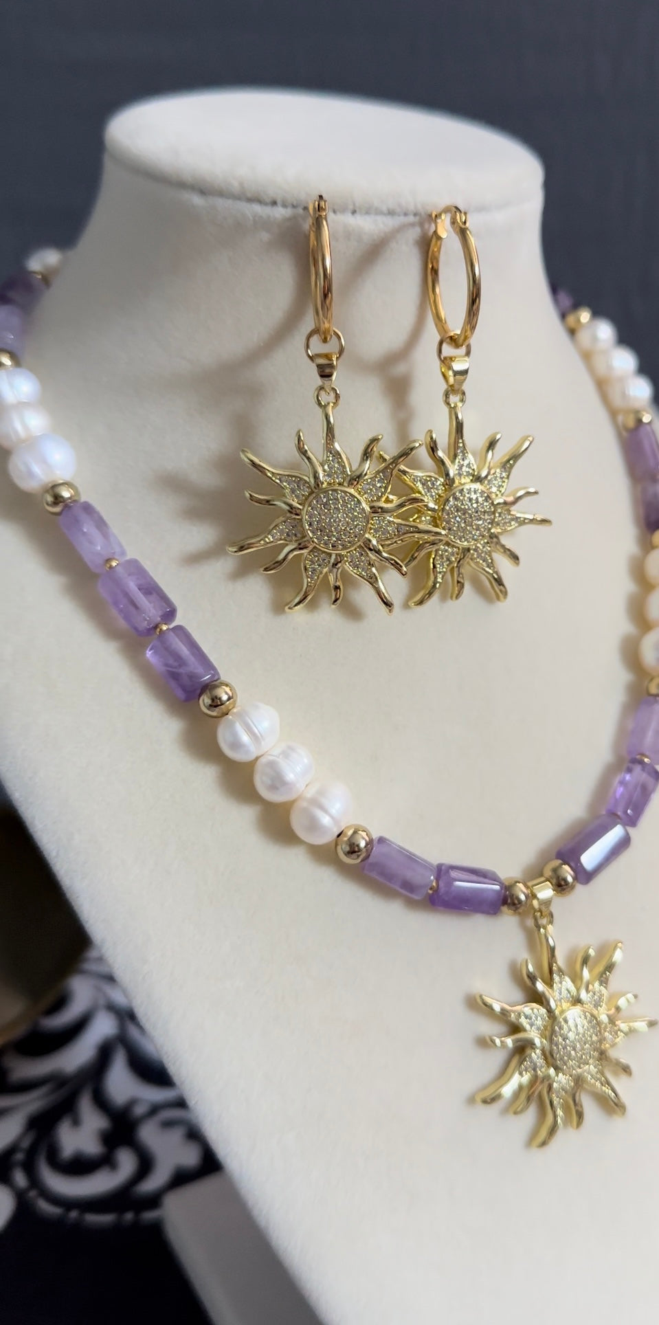 Natural Healing Stone Amethyst and Freshwater Pearl Necklace with Star Pendant, OOAK Gift, Special Design