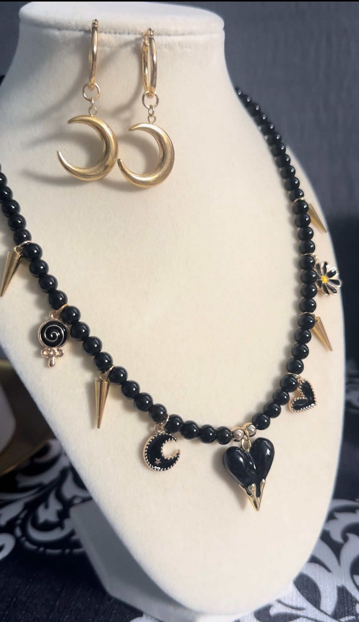 Healing Stone Black Onyx and Charms Necklace Gift for Her, Absorb Nagetive Energy, Spike Heard Lollipop Girly Charms