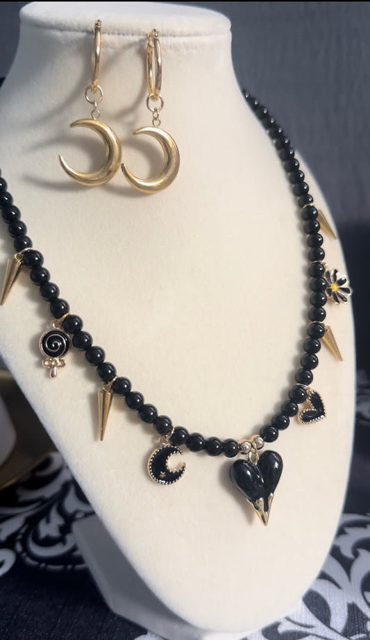 Healing Stone Black Onyx and Charms Necklace Gift for Her, Absorb Nagetive Energy, Spike Heard Lollipop Girly Charms