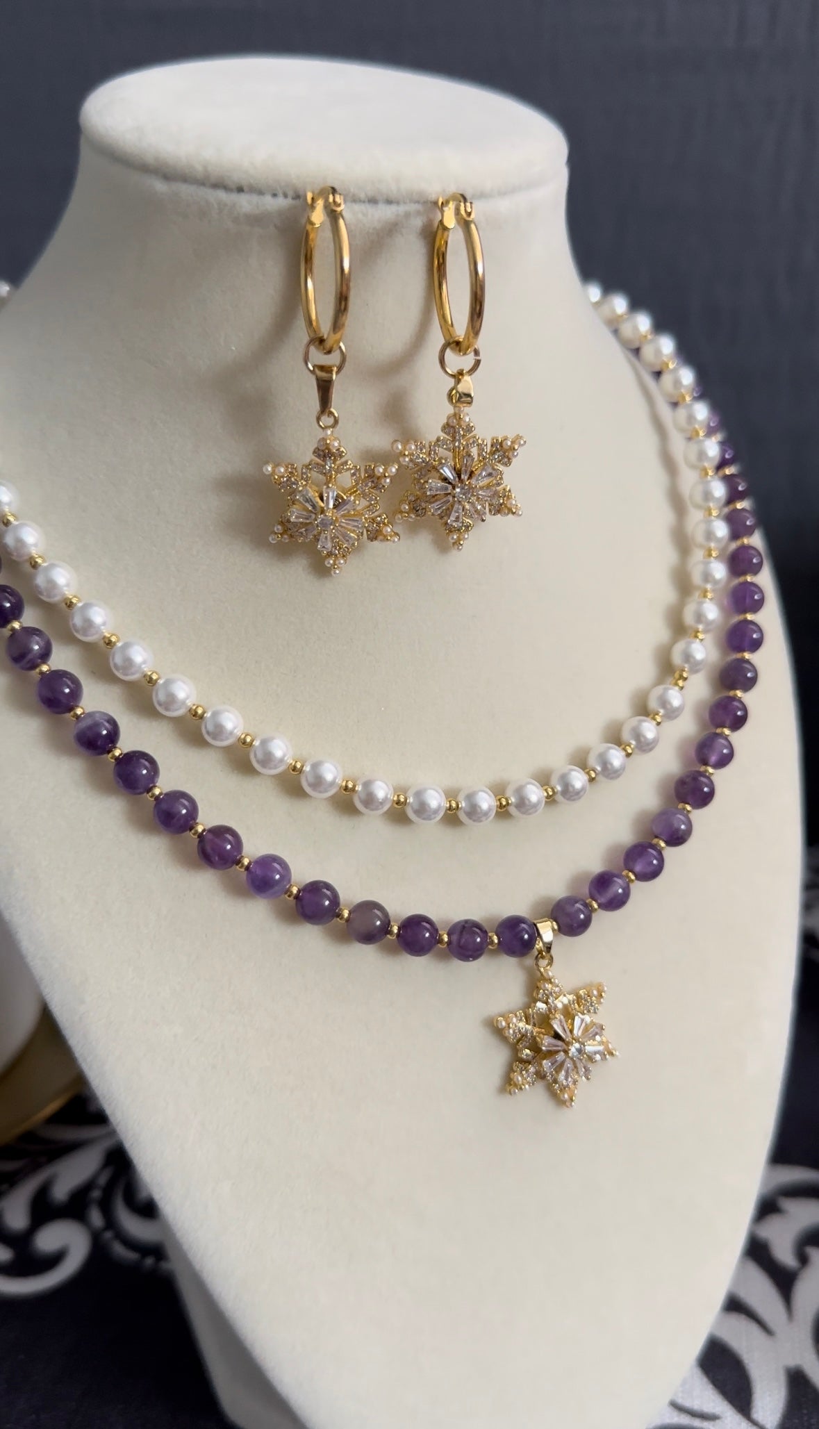 Natural Healing Stone Amethyst and Shell Pearl Necklace, Spinning Snowflake Pendant and Matching Earrings, Valentines Day Gift for Her