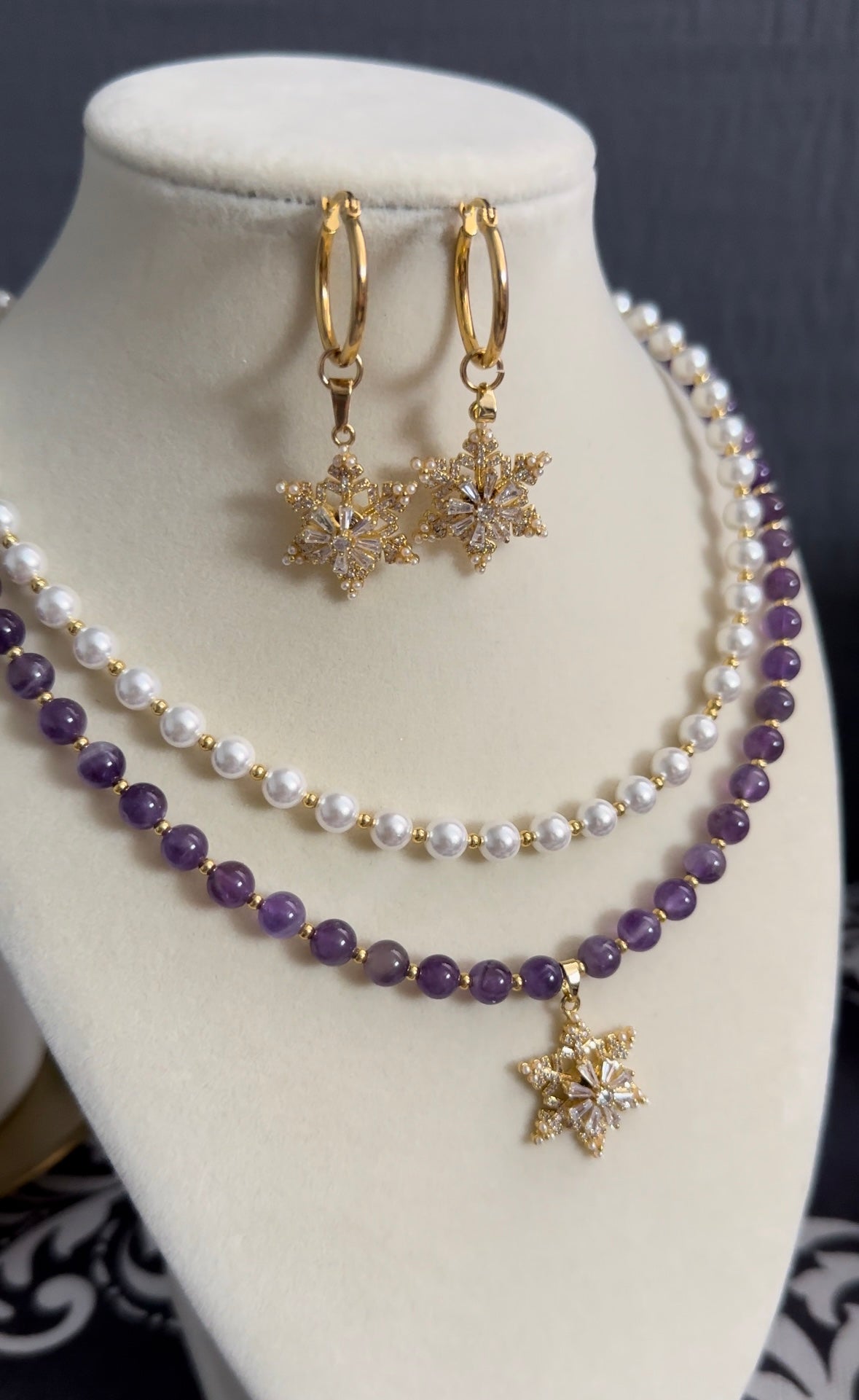 Natural Healing Stone Amethyst and Shell Pearl Necklace, Spinning Snowflake Pendant and Matching Earrings, Valentines Day Gift for Her