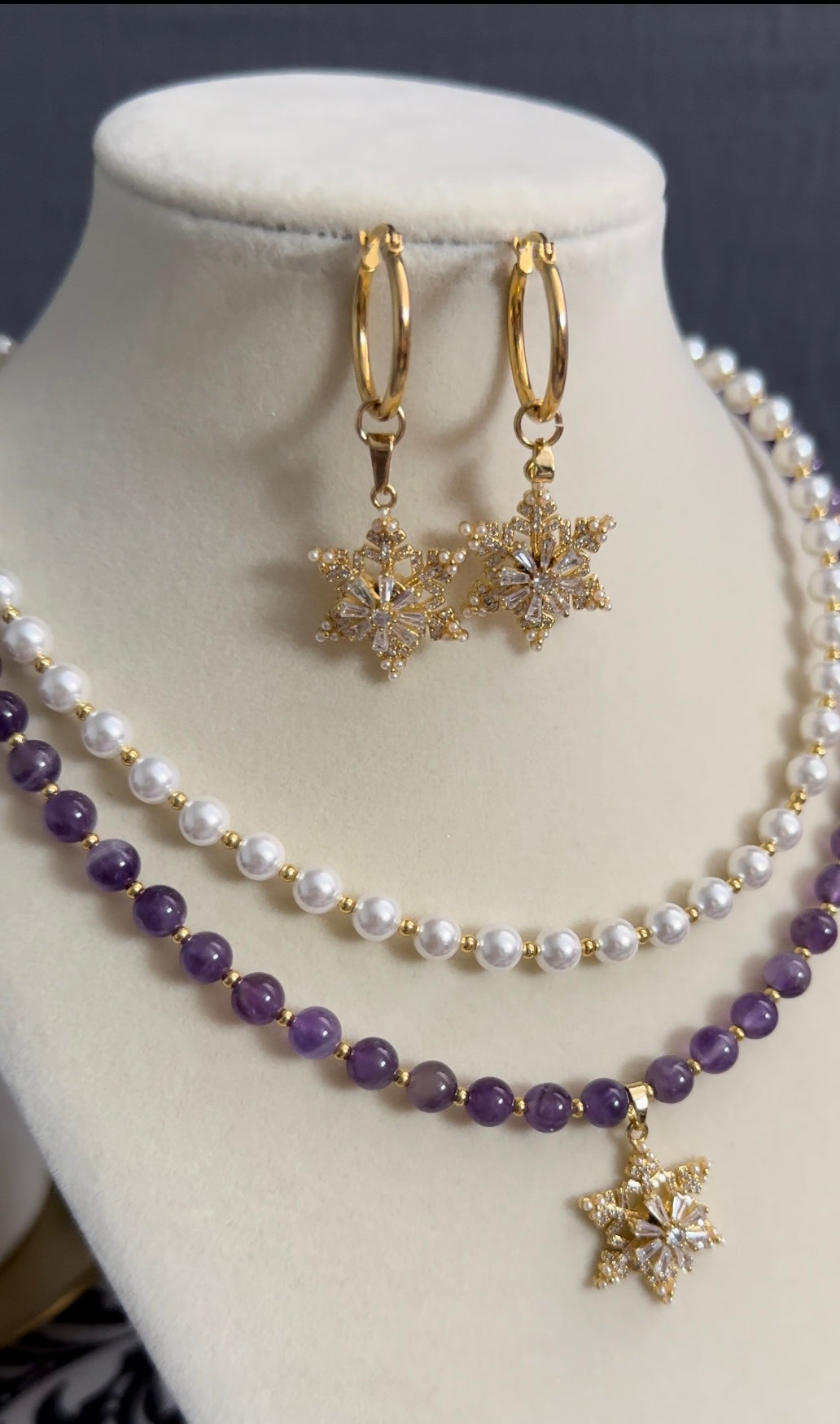 Natural Healing Stone Amethyst and Shell Pearl Necklace, Spinning Snowflake Pendant and Matching Earrings, Valentines Day Gift for Her
