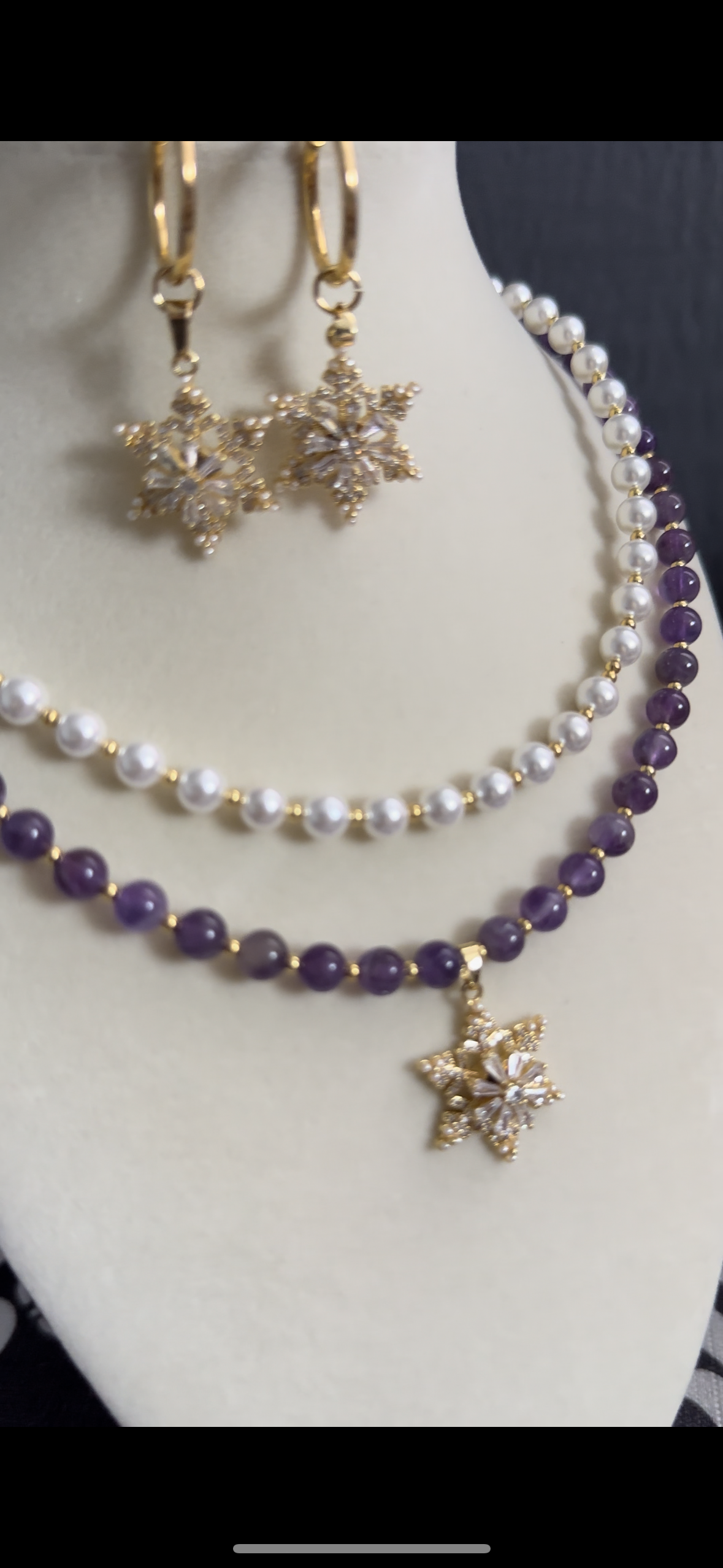 Natural Healing Stone Amethyst and Shell Pearl Necklace, Spinning Snowflake Pendant and Matching Earrings, Valentines Day Gift for Her