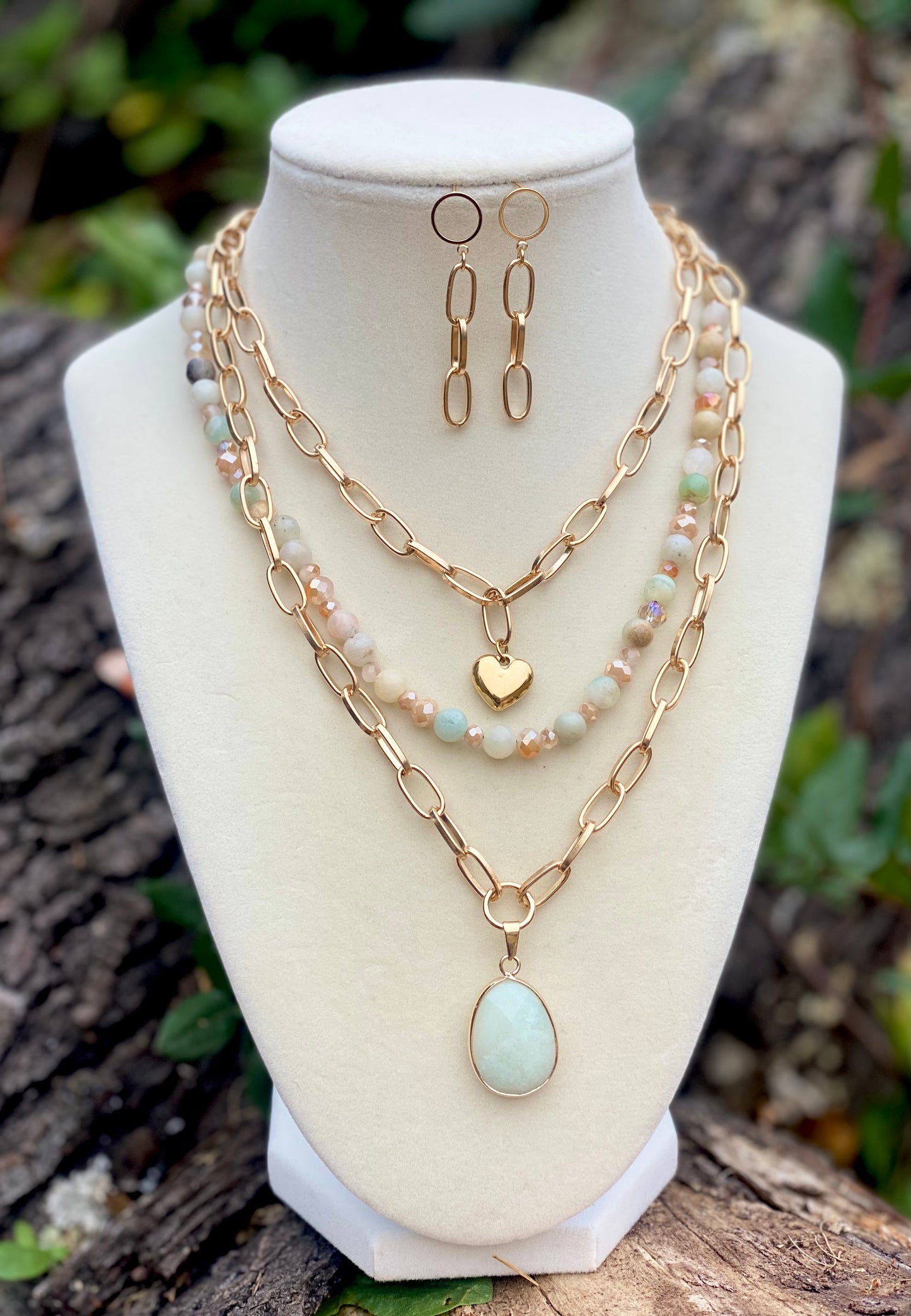 Semiprecious Amazonite and Paper Clips Chain Necklace Set with Matching Earrings, Chaqra Stone Soothe Emotional Trauma, Reduce Stress