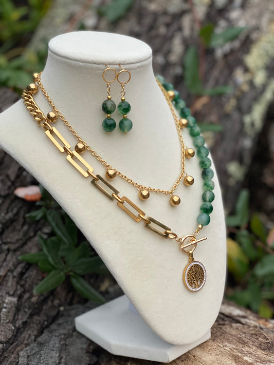 Natural Healing Stone Chalcedony Two Strand Necklace Set With Gold Plated Chains And Life of Tree Pendant