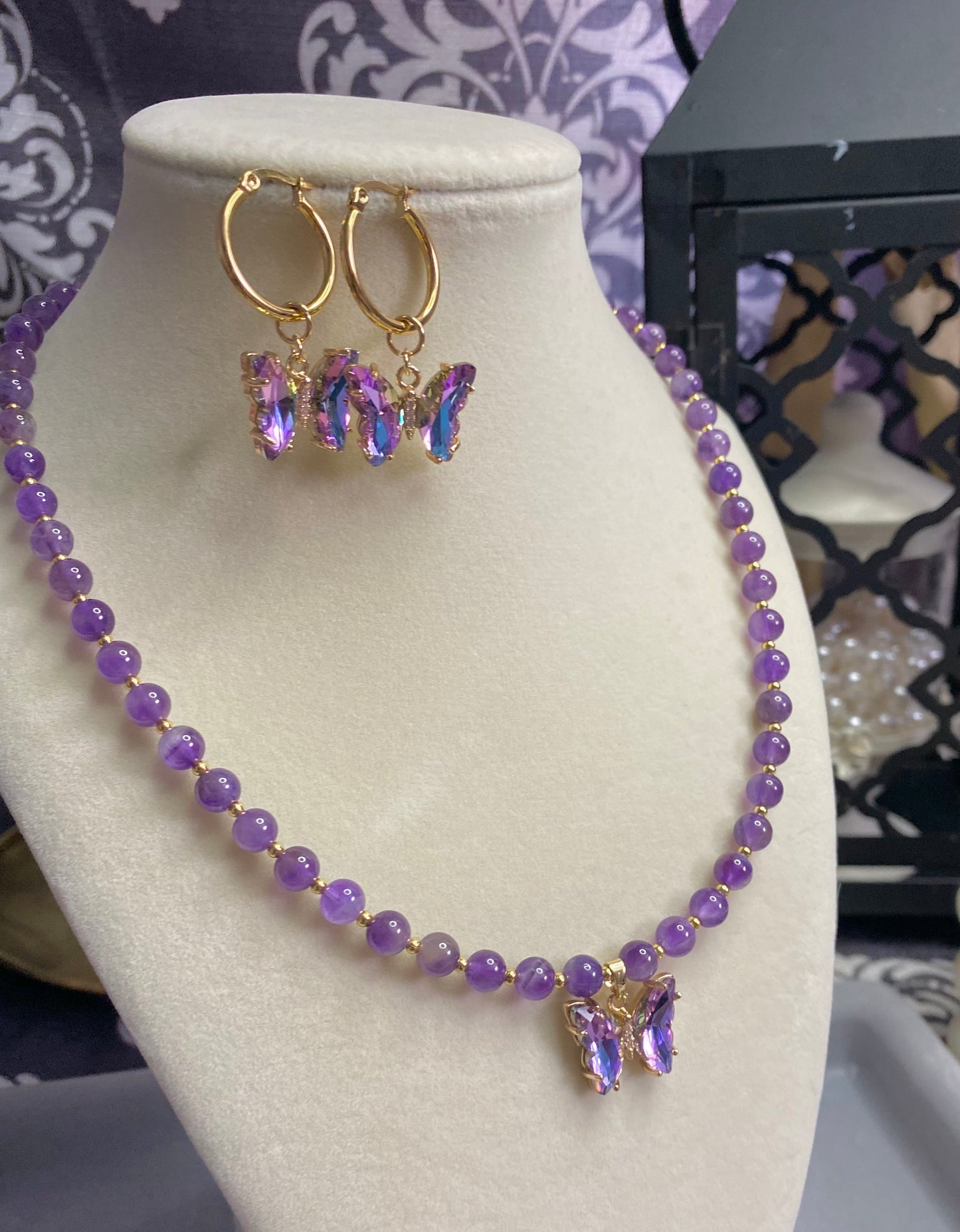 Natural Healing Stone Amethyst Necklace With Rhinestone Butterfly Pendant and Matching Earrings Statement Set