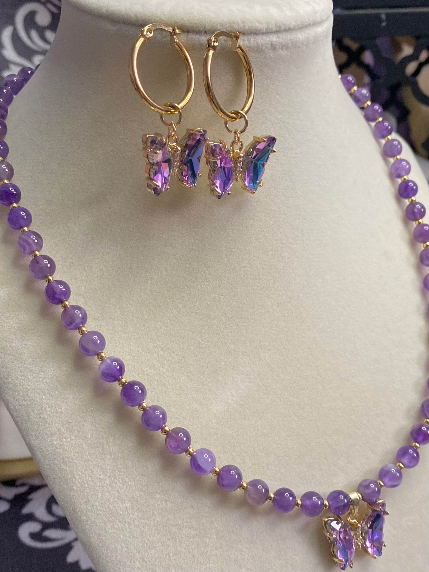 Natural Healing Stone Amethyst Necklace With Rhinestone Butterfly Pendant and Matching Earrings Statement Set