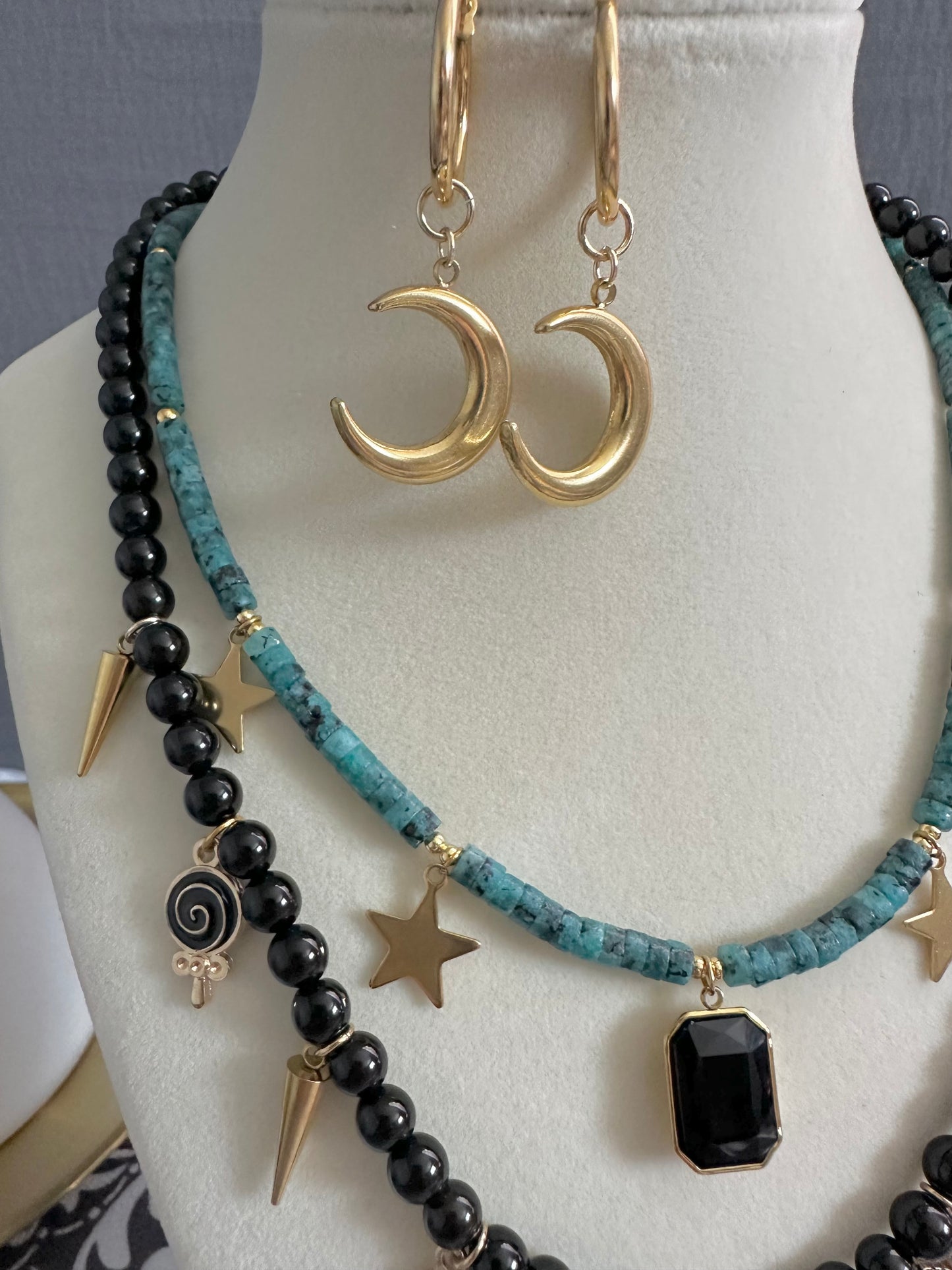 Healing Stone Black Onyx & Natural Blue Stone Layered Necklace with Girly Charms and Matching Earrings