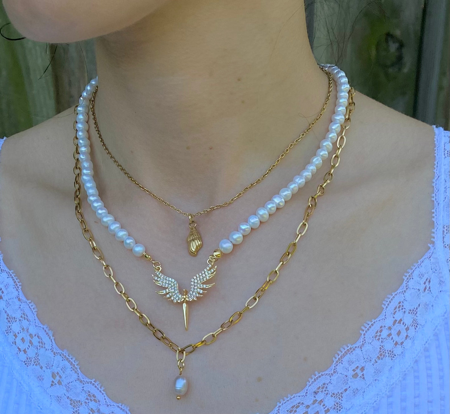 Genuine Freshwater Pearl Necklace Stainless Steel Angel Wings Charm | Calming Energy Jewelry, Meaningful Gift of Protection & Peace,  Symbol of Peace & Emotional Balance