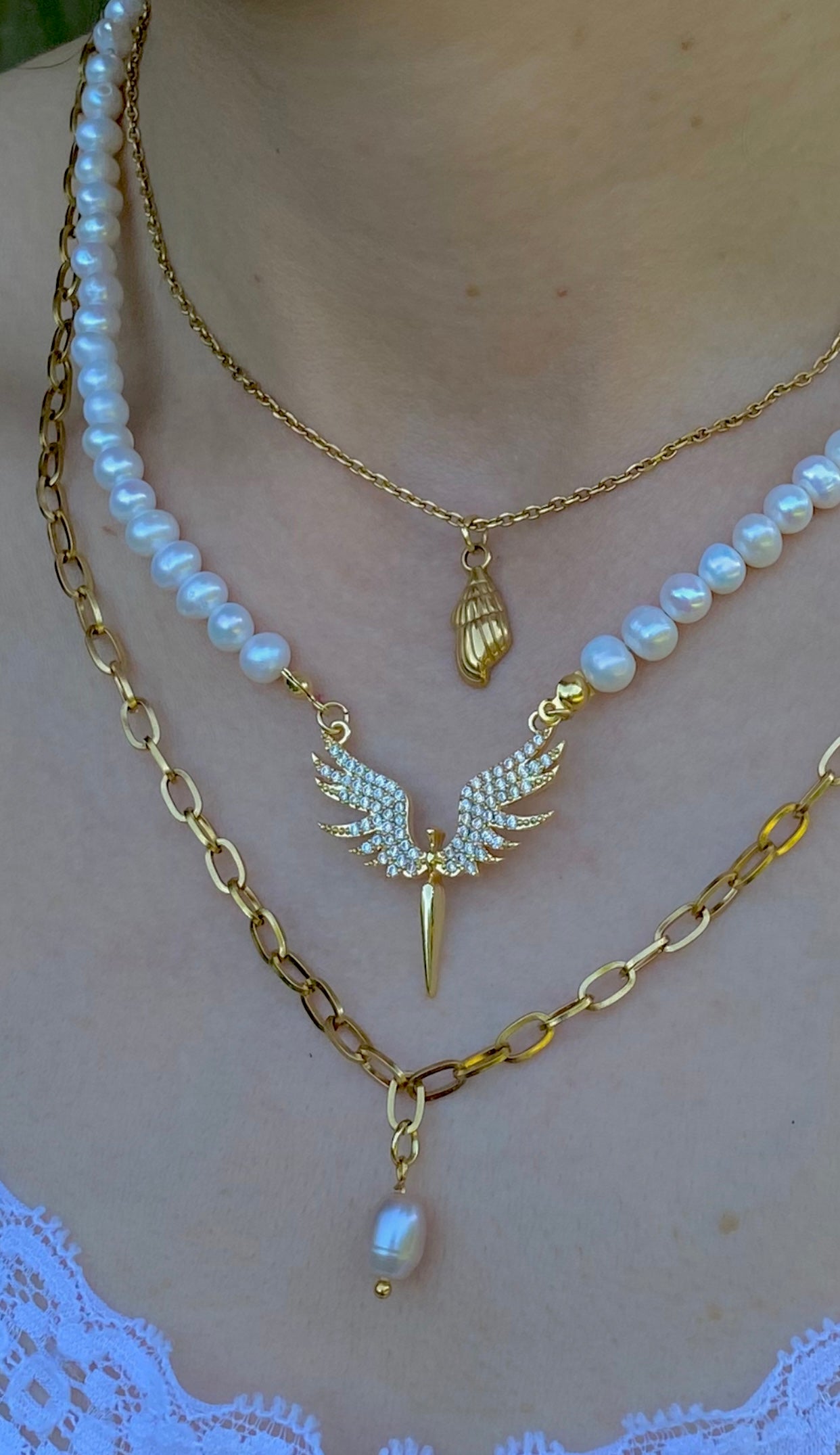 Genuine Freshwater Pearl Necklace Stainless Steel Angel Wings Charm | Calming Energy Jewelry, Meaningful Gift of Protection & Peace,  Symbol of Peace & Emotional Balance