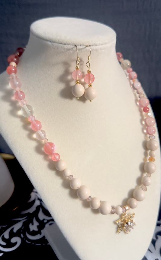 Natural Healing Stones Ivory Jade and Pink Quartz Crystal Necklace With Matching Earrings to Attract Love, Harmony, Balance and Positive Energy
