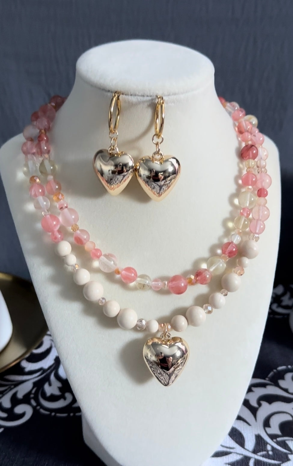 Natural Healing Crystals Ivory Jade and Pink Quartz Crystal Necklace With Matching Earrings to Attract Love, Harmony, Balance and Positive Energy