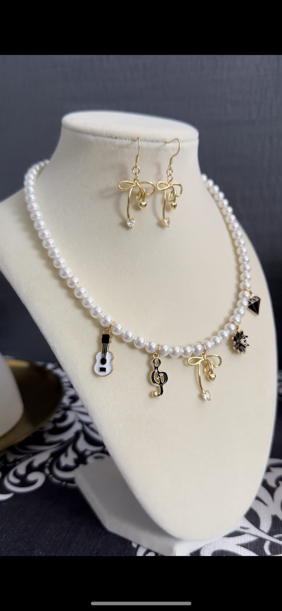 Shell Pearl Statement Necklace with Cute Bow Pendant, Musical,  Girly Charms and Matching Earring, Guitar, Music Note