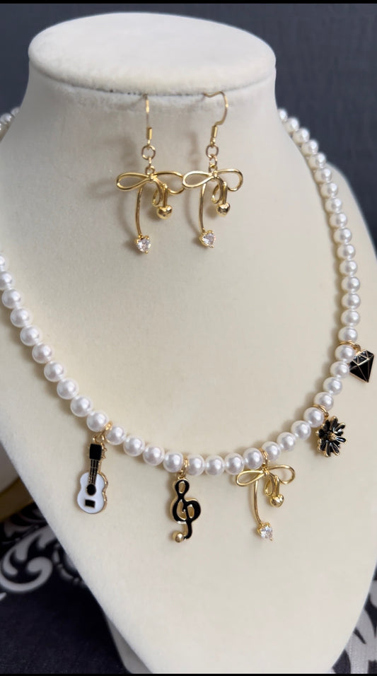 Shell Pearl Statement Necklace with Cute Bow Pendant, Musical,  Girly Charms and Matching Earring, Guitar, Music Note