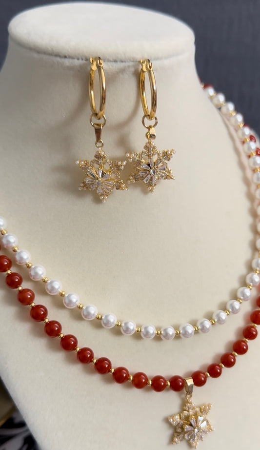 Romantic Red agate and Shell Pearls two Strand Necklace with Spinning Snowflake Pendant, Reduce Stress And Anxiety