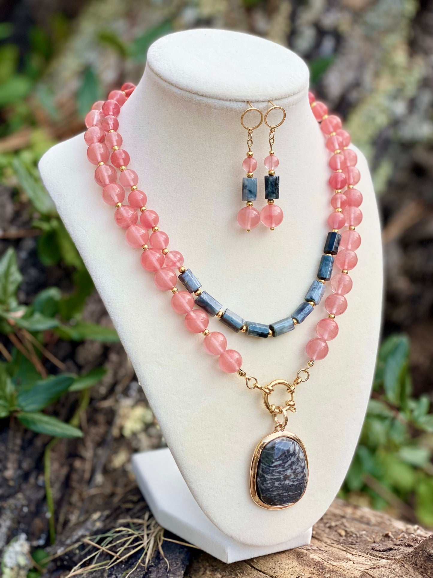 Semiprecious Crystals Quartz and Hawk Eye Statement Necklace with Gold Plated Accent and Matching Earrings