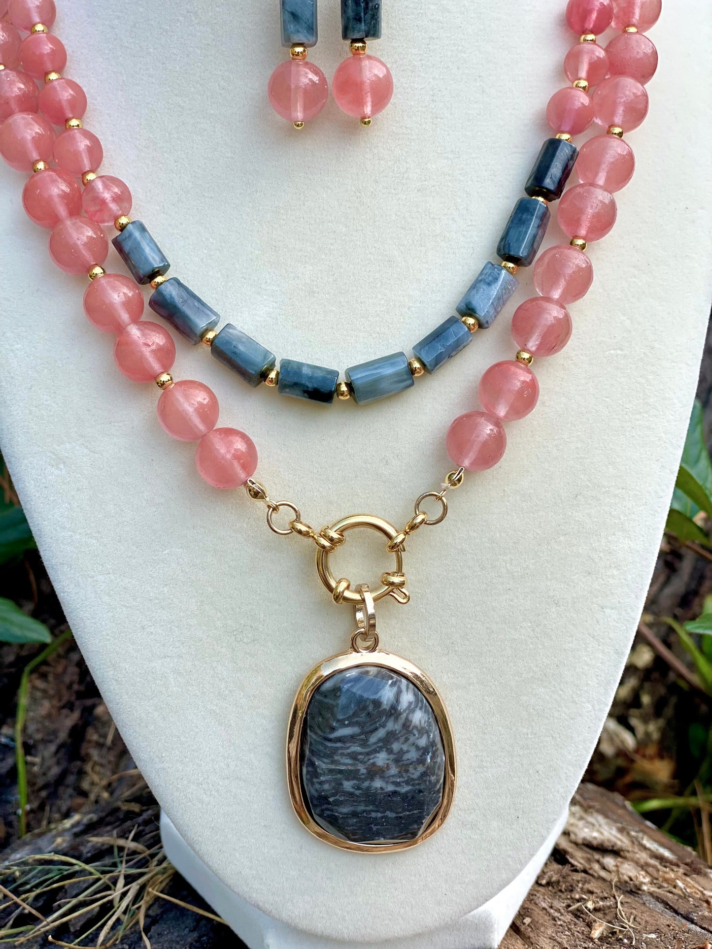 Semiprecious Crystals Quartz and Hawk Eye Statement Necklace with Gold Plated Accent and Matching Earrings