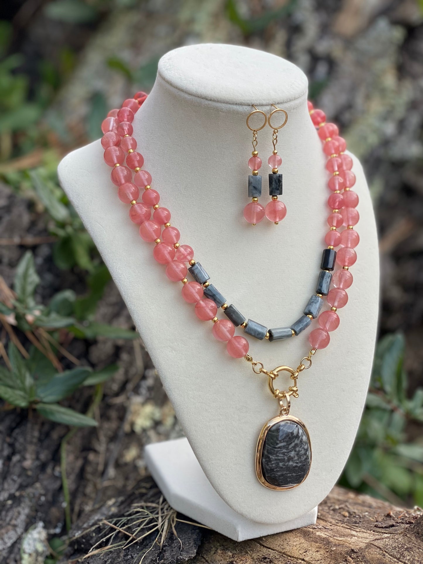 Semiprecious Crystals Quartz and Hawk Eye Statement Necklace with Gold Plated Accent and Matching Earrings