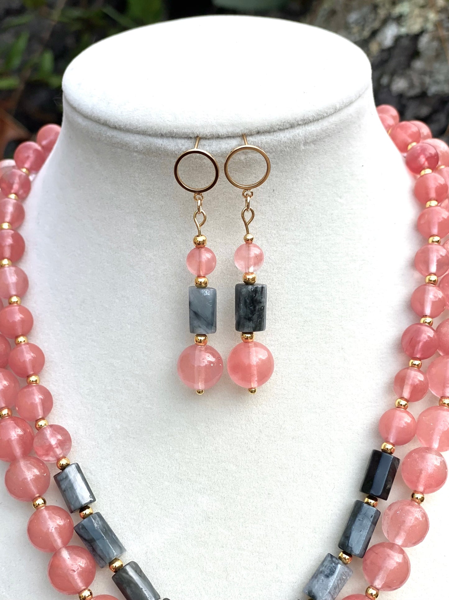 Semiprecious Crystals Quartz and Hawk Eye Statement Necklace with Gold Plated Accent and Matching Earrings