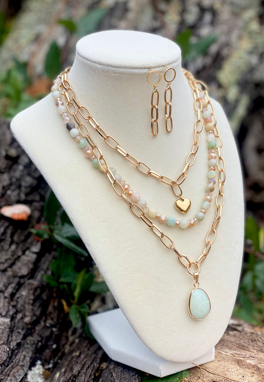 Semiprecious Amazonite and Paper Clips Chain Necklace Set with Matching Earrings, Chaqra Stone Soothe Emotional Trauma, Reduce Stress