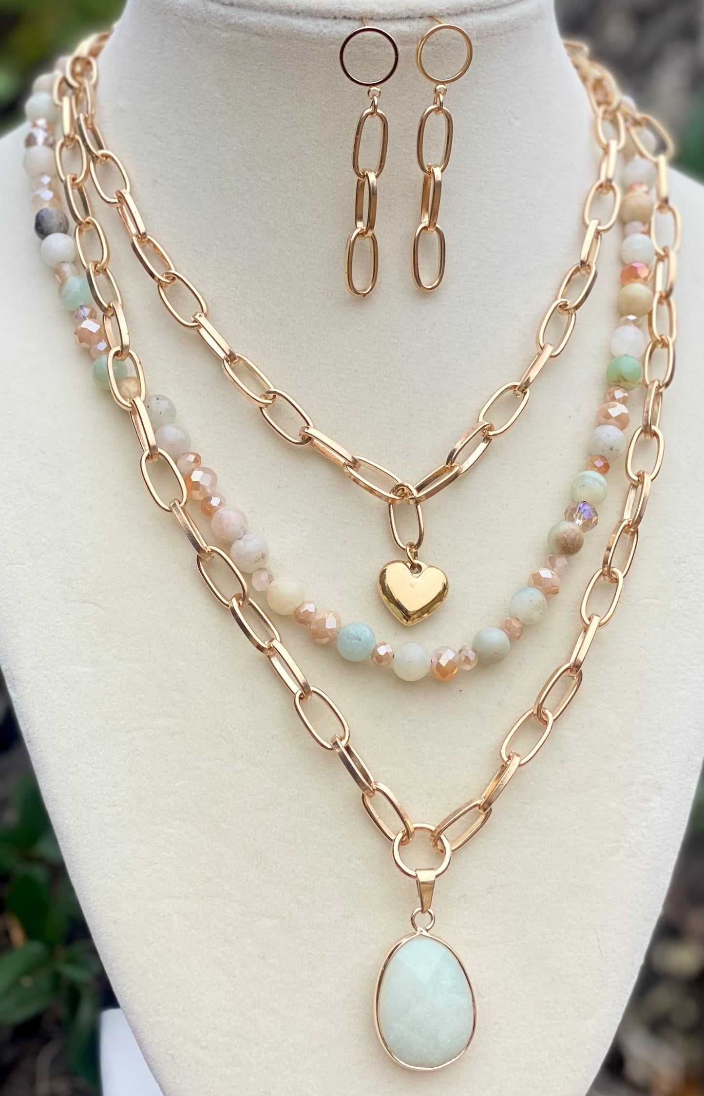 Semiprecious Amazonite and Paper Clips Chain Necklace Set with Matching Earrings, Chaqra Stone Soothe Emotional Trauma, Reduce Stress