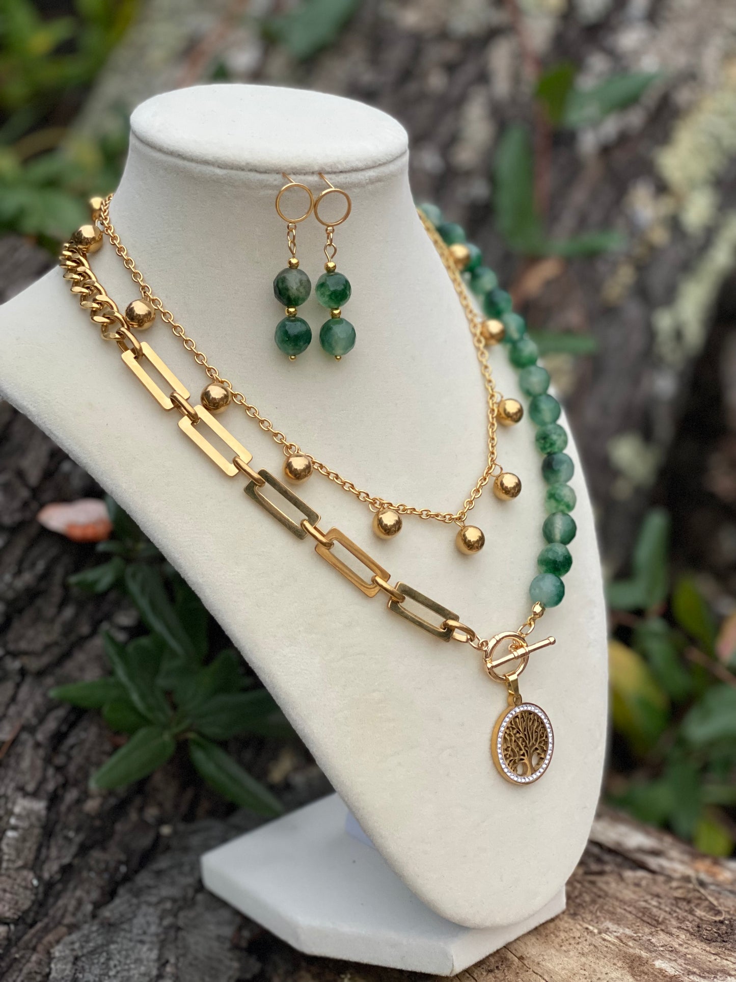 Natural Healing Stone Chalcedony Two Strand Necklace Set With Gold Plated Chains And Life of Tree Pendant
