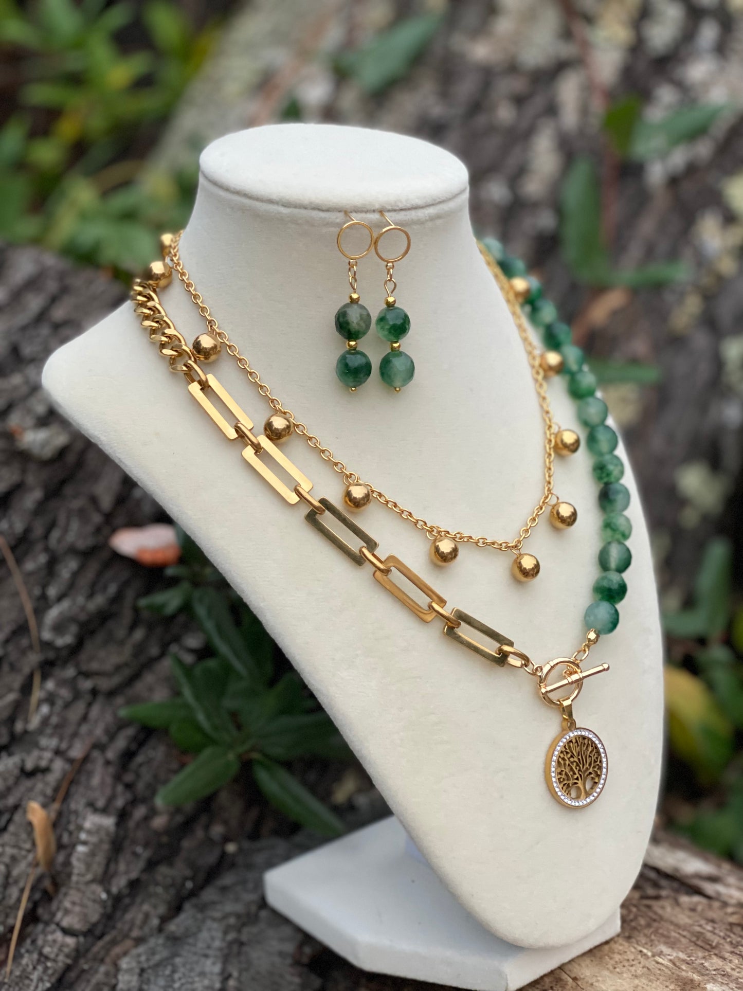 Natural Healing Stone Chalcedony Two Strand Necklace Set With Gold Plated Chains And Life of Tree Pendant