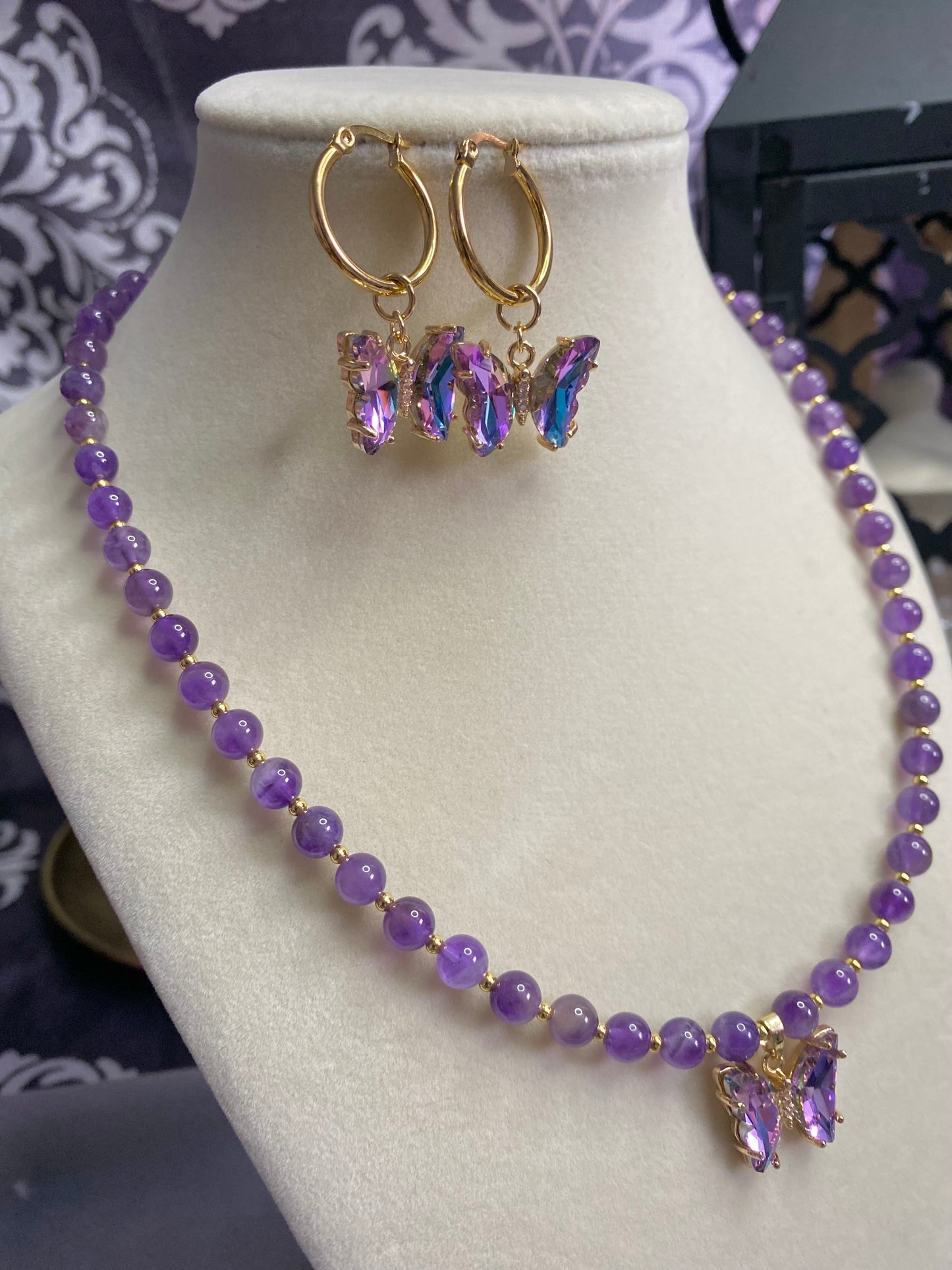 Natural Healing Stone Amethyst Necklace With Rhinestone Butterfly Pendant and Matching Earrings Statement Set