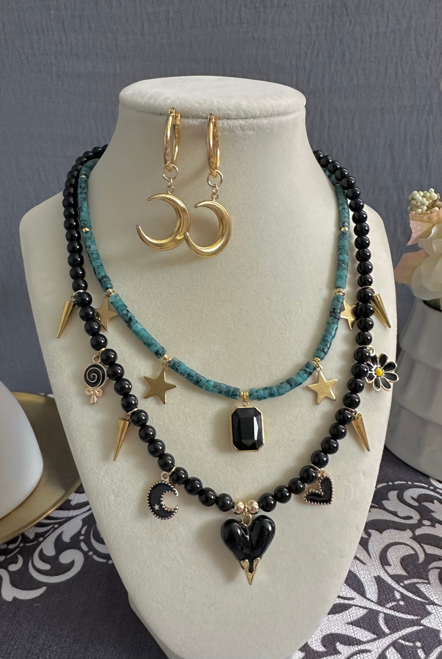 Healing Stone Black Onyx & Natural Blue Stone Layered Necklace with Girly Charms and Matching Earrings