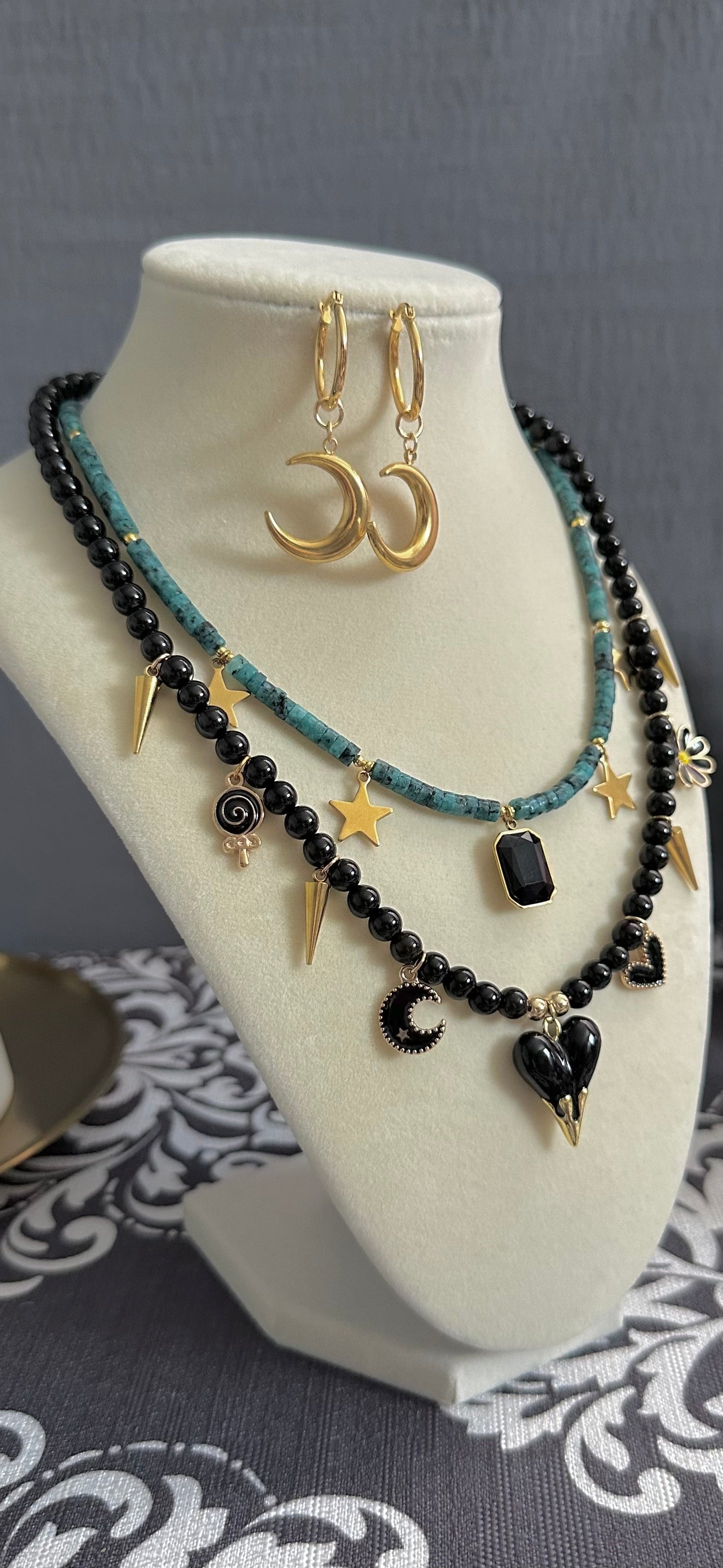 Healing Stone Black Onyx & Natural Blue Stone Layered Necklace with Girly Charms and Matching Earrings